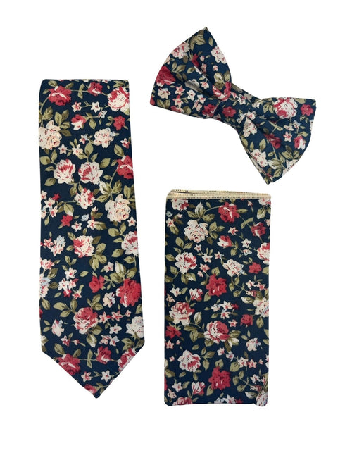 Navy with pink peony rose flower floral design cotton bow tie